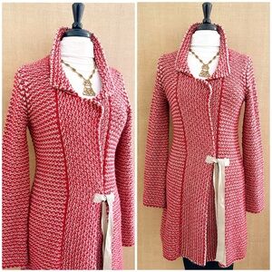 Avoca Cardigan Dublin Ireland Handwoven Alpaca Wool Knit Midi Ribbon Tie Red Lux